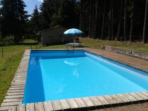 a blue swimming pool with an umbrella and a table at Yourte et nature in Magnien