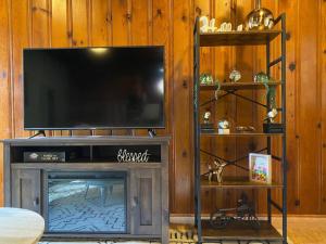 a flat screen tv sitting on top of a wooden wall at Cozy King Bed Cabin Fireplace in Chico