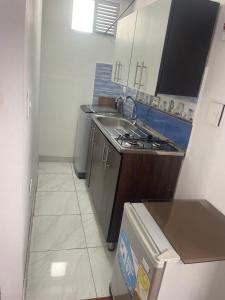 Una pequeña cocina con fregadero y estufa. en The Lofts Urbanos Manizales, en Manizales