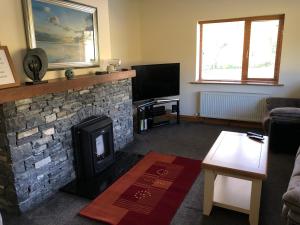 a living room with a fireplace and a tv at Lissyclearig Lodge in Kenmare