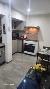 La Molina的住宿－Mini Departamento Acogedor，厨房配有炉灶和桌子。