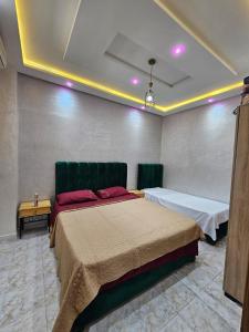 丹吉爾的住宿－la belle vue tanger R，一间卧室设有两张带绿色床头板的床。