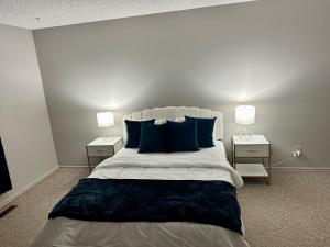 a bedroom with a large bed with blue pillows at Cozy private room in Edmonton in Edmonton
