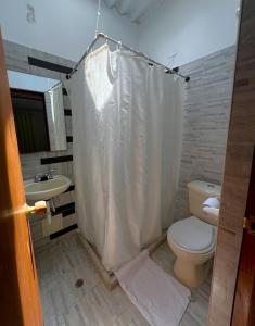 a bathroom with a toilet and a shower curtain at Anhyali Hospedaje in Villa de Leyva