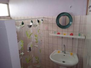 ein Badezimmer mit Waschbecken und Spiegel in der Unterkunft Chez Angele in Faie