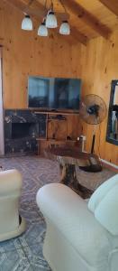 a living room with a tv and a couch and a table at Cabañas Refugio Verde in El Soberbio