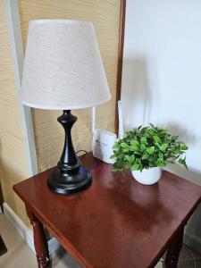 een tafel met een lamp en een plant erop bij 2 Bedroom unit with Living area at Makati Bel air in Manilla