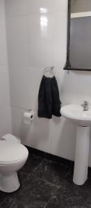 a white bathroom with a toilet and a sink at Cabañas Refugio Verde in El Soberbio