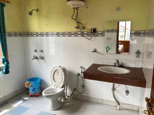 uma casa de banho com um WC, um lavatório e um espelho. em Jamshi Guest House em Rajkot