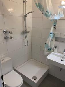 uma casa de banho com um chuveiro, um WC e um lavatório. em Schöne, kleine, gemütliche Wohnung - Stadtmitte em Mainz