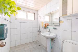 a white bathroom with a sink and a mirror at Yishin Garden B&B in Pinghe