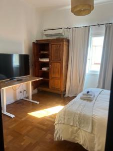 een slaapkamer met een bed en een bureau met een televisie bij Acacia apartment in San Isidro