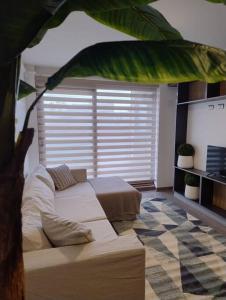 a living room with a couch and a palm tree at Nuevo y Maravilloso Dpto. 44m2 in Los Ángeles
