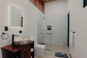 a bathroom with a sink and a toilet and a shower at Sereno Vista in Santa Cruz