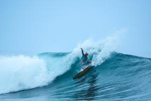 a man riding a wave on a surfboard in the ocean at Suzi Beach House Mentawai in Tua Pejat