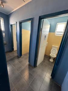 baño con aseo y paredes azules en Ayr Budget Accommodation en Ayr