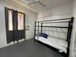 Ayr Budget Accommodation في آير: غرفة نوم بسريرين بطابقين ومروحة سقف