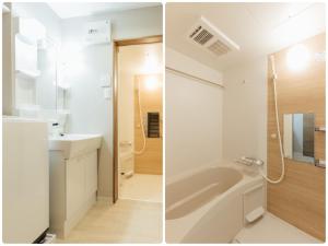 Duas fotografias de uma casa de banho com uma banheira e um lavatório. em YOUR ROOM Kumamoto Sta little 201 Vacation STAY 75222 em Kumamoto