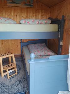 a bunk bed room with two bunk beds and a ladder at Hütte Krötenhof, Radfahrer Übernachtung in Barförde