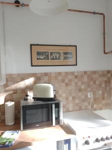 a kitchen with a toaster on top of a microwave at Hütte Krötenhof, Radfahrer Übernachtung in Barförde