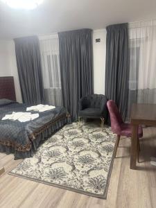 a bedroom with a bed and a chair and a rug at Pensiunea Cascada Putnei in Lepşa
