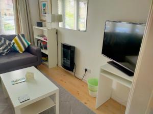a living room with a large flat screen tv at Avaelie Too in Hebden Bridge