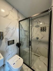 uma casa de banho com um chuveiro e um WC. em The Queen Airport Hotel em Arnavutköy