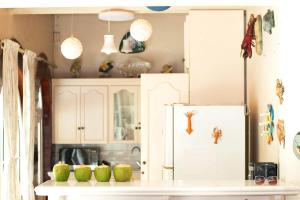 a kitchen with a refrigerator and green apples on a counter at Rancho de Playa Angie's Resort in San Luis La Herradura