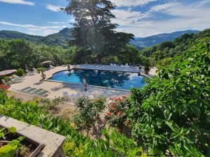 a swimming pool in a garden with mountains in the background at Chateau d'Urbilhac in Lamastre