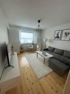 a living room with a couch and a table at Cozy lake view room by city center in Kuopio