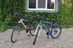 dos bicicletas estacionadas una junto a la otra frente a un edificio en Green House, en Sviatohirsk