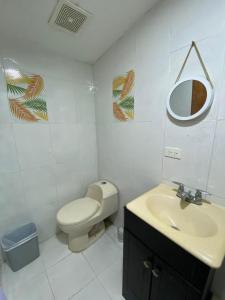 a bathroom with a toilet and a sink and a mirror at Miss Titi's Native Lodge in San Andrés