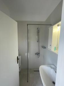 a bathroom with a shower and a sink at Banos Apartments and swimming pool in Roda