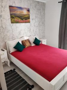 a bedroom with a large bed with a red blanket at Apartament Gabriela in Baia Mare