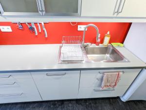 eine Küche mit einem Waschbecken und einer roten Wand in der Unterkunft La maison calme et lumineuse avec jardin in Toulouse + 26 Fotos