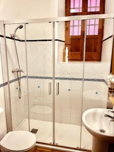 グラナダにあるCharming, spacious Albayzin apartmentのバスルーム(シャワー、トイレ、シンク付)