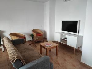 ein Wohnzimmer mit Sofa und Fernseher in der Unterkunft Apartamento grande Bambú, Cala Montgó in L'Escala