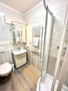 a bathroom with a toilet sink and a shower at Palace Quarter 2 Peaceful Modern Central Top Floor Apartment in Budapest