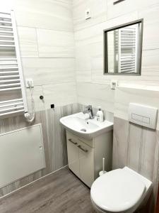 a white bathroom with a toilet and a sink at Palace Quarter 2 Peaceful Modern Central Top Floor Apartment in Budapest