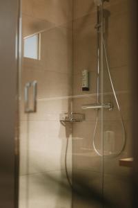 a shower with a glass door with a shower head at 2Places Soul in Lörrach