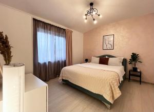 a bedroom with a large bed and a window at AmurResidence 64 Sauna Parking Barbeque in Iaşi