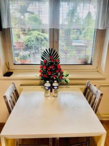 a table with a christmas tree on it in front of a window at Ubytovani Na Hrazi 91 in Znojmo +25 photos
