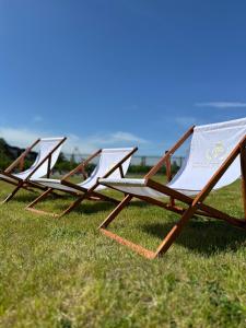 three lounge chairs sitting on the grass in a field at Pensjonat Diament in Borne Sulinowo