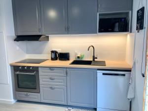 a kitchen with blue cabinets and a sink at Maison rénovée à 300m de la mer in Saint-Hilaire-de-Riez