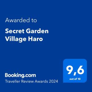 Sertifikāts, apbalvojums, norāde vai cits dokuments, kas ir izstādīts apskatei naktsmītnē Secret Garden Village Haro
