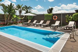 ein Pool mit Stühlen und Sonnenschirmen auf einer Terrasse in der Unterkunft Catalonia Hispalis in Sevilla