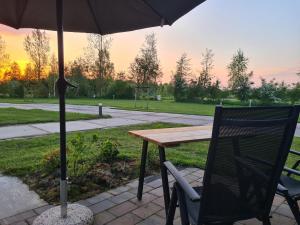 2-persoons luxe vakantiewoning في De Veenhoop: طاولة خشبية وكرسي بمظلة