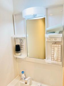 La salle de bains est pourvue d'un miroir au-dessus d'un lavabo. dans l'établissement 桜Home, à Tokyo