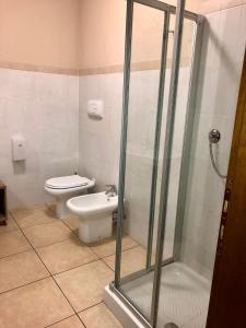 a bathroom with a toilet and a glass shower stall at Valtidone Hotel in Borgonovo Val Tidone