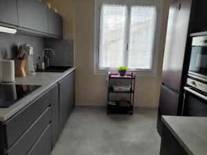 uma cozinha com armários cinzentos e uma janela em Appartement Le Pontet em Avignon